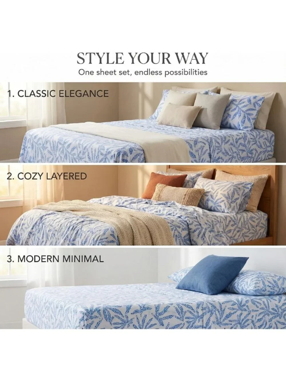 Floral Blue Queen Sheet Set - Super Soft 4-Piece Bedding, Deep Pocket Fitted